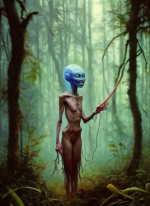 Prompt: hyper realistic magic alien in the woods in a river gorgeous lighting, lush forest foliage blue sky a hyper realistic painting by chiara bautista and beksinski and norman rockwell and greg rutkowski, tom bagshaw weta studio, and lucasfilm