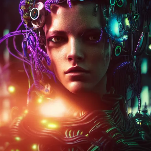 Prompt: Cyberpunk medusa, dark atmosphere, cinematic shot, intricate, ornate, photorealistic, ultra detailed, realistic, 35mm, photography, neon, octane, high definition, depth of field, bokeh, 8k, artstation