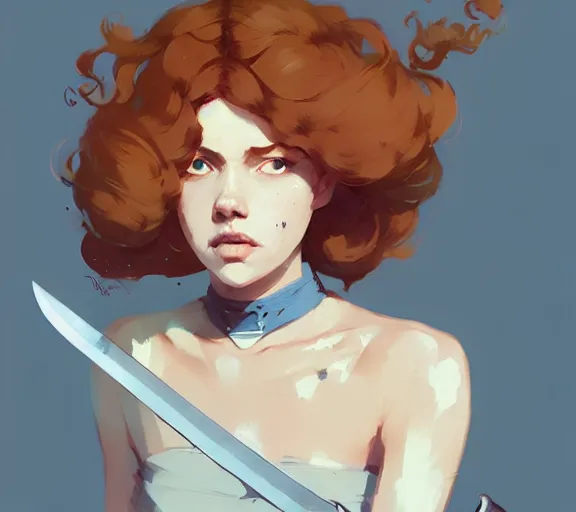Prompt: portrait woman with short ginger curly hair with a sword, by atey ghailan, by greg rutkowski, by greg tocchini, by james gilleard, by joe fenton, by kaethe butcher, by ashley wood, dynamic lighting, gradient light blue, brown, blonde cream and white color scheme, grunge aesthetic
