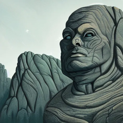 Prompt: highly detailed professional landscape painting of alien bust carved into the mountains in the style of mount rushmore, trending on artstation, ultra detail, atmospheric lighting, sci - fi, futuristic, cyberpunk