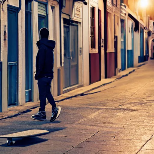 Prompt: guy with white hoodie and skateboard stands looking doen in an emoty street at night. cars parked. long street. very noisy. noise. noise effect.