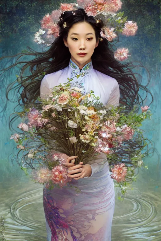 Image similar to portrait of a beautiful woman wearing a cheongsam dress, holding a bouquet of flowing flowers, drenched body, silver hair, emerging from the water, dark fantasy, regal, fractal crystal, fractal gems, by ross tran, stanley artgerm lau, thomas kindkade, alphonse mucha, loish, norman rockwell