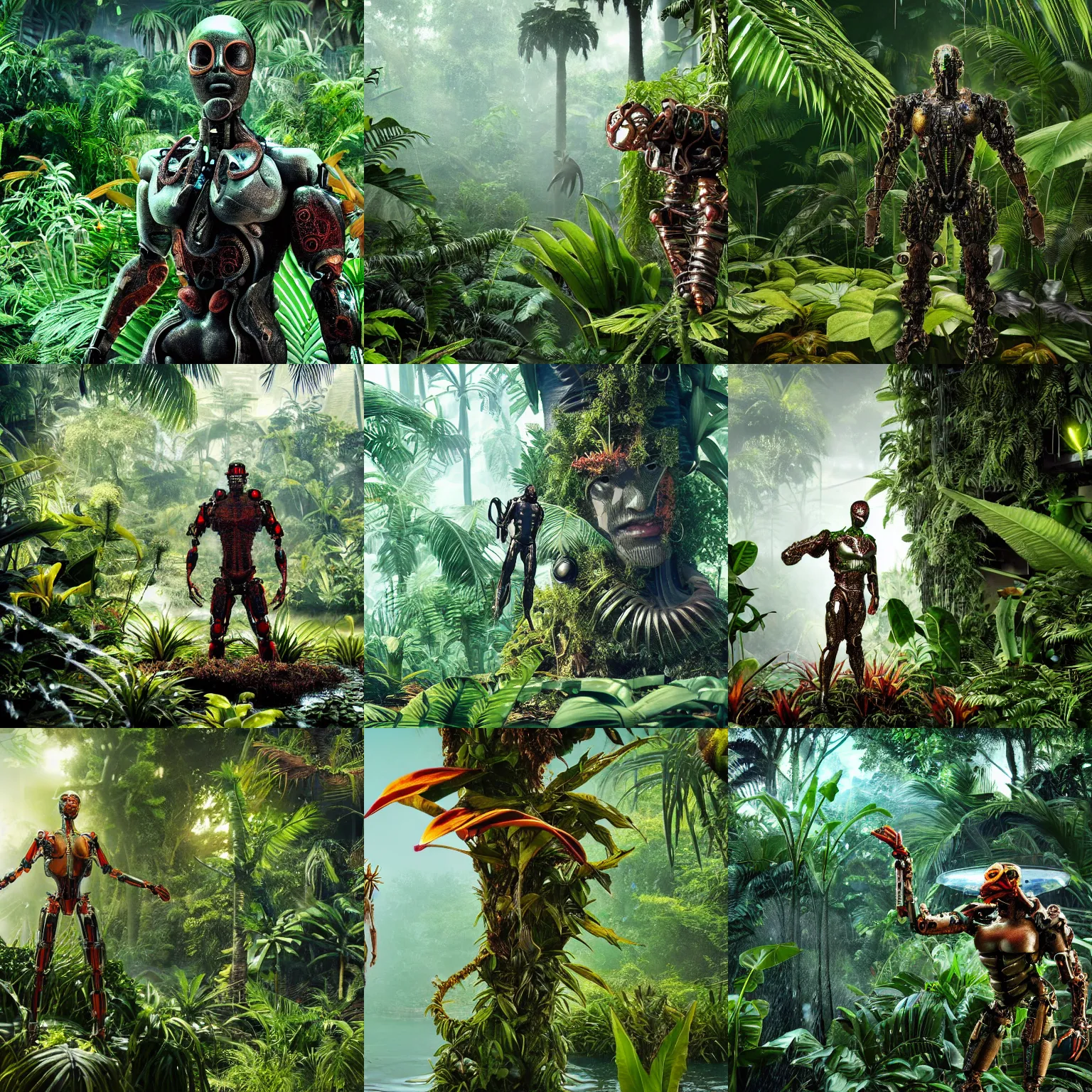 Prompt: cyborg that is covered by plants on his metal rusty parts, staying partially in water, in the middle of jungle, watching a bird - of - paradise dance, highly detailed, photorealistic, octane render, 8 k, unreal engine