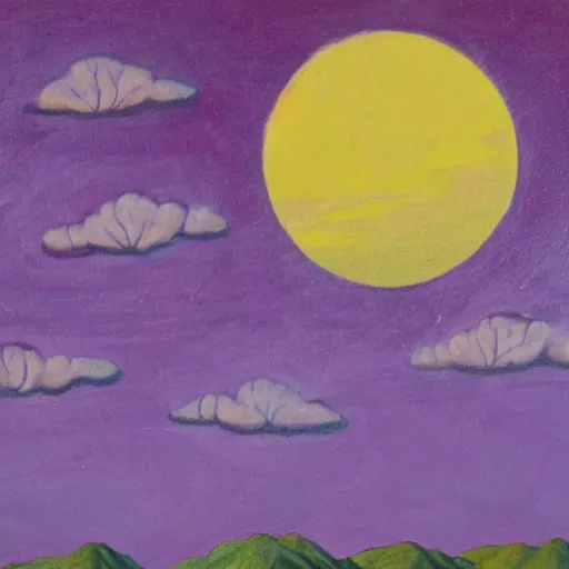 Prompt: a landscape with a purple sun with cotton candy trees flying ducks