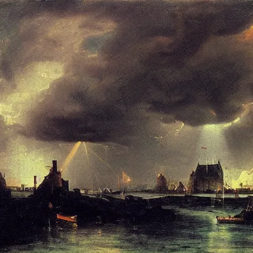 Prompt: oil painting of medieval harbour, storm clouds, sunrays, very very very very very beautiful bright art, american romanticism by goya