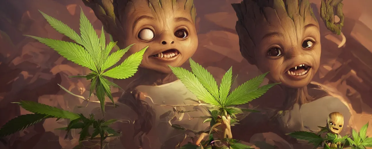 Image similar to portrait smiling round cute face cannabis!!, big eyes, marijuana!, baby groot, realistic shaded perfect face, cinematic volumentric lighting, jim cheung, david marquez, mike deodato jr, behance hd by jesper ejsing, by rhads, hyper detailed, octane render, concept art, artstation