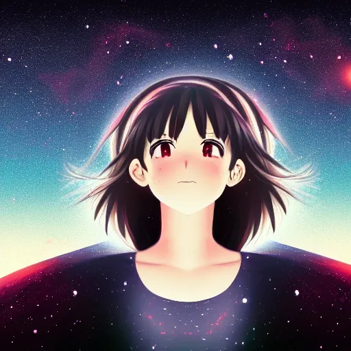 Prompt: a girl staring up a the stars in a anime style, digital art, 4K