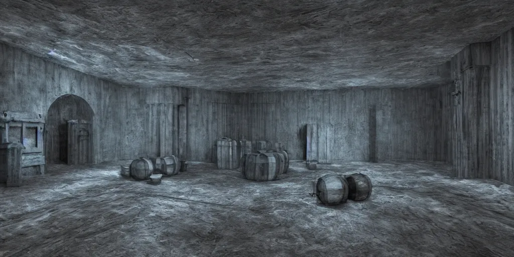 Image similar to echo chamber room, dark art fantasy, 3d render, super detailed, puddle of water, barrels, foggy