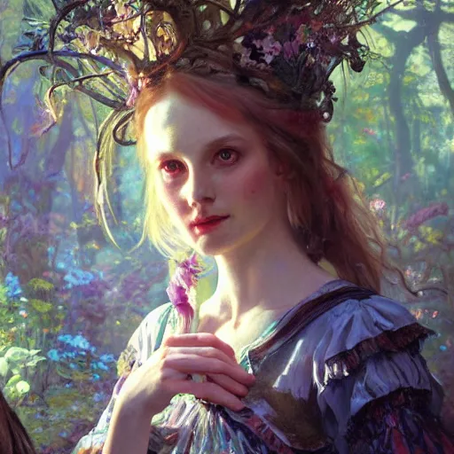 Image similar to close up portrait of alice in wonderland, magical forest, dramatic lighting, high detail, painted, by greg rutkowski, painted by stanley artgerm, painted by alphonse mucha, trending on artstation