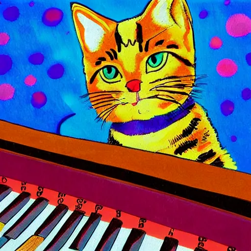 Image similar to colorful album cover art photo of a cat playing the grand piano