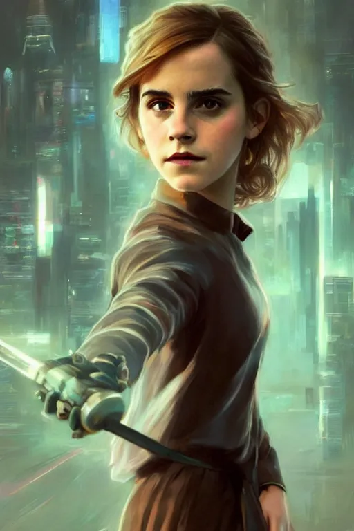 Image similar to portrait of Emma Watson as Hermione Granger in cyberpunk, neon lighting, night city, digital art from artstation by Ruan Jia and Mandy Jurgens and Artgerm and william-adolphe bouguereau and Greg Rutkowski and Wayne Barlowe