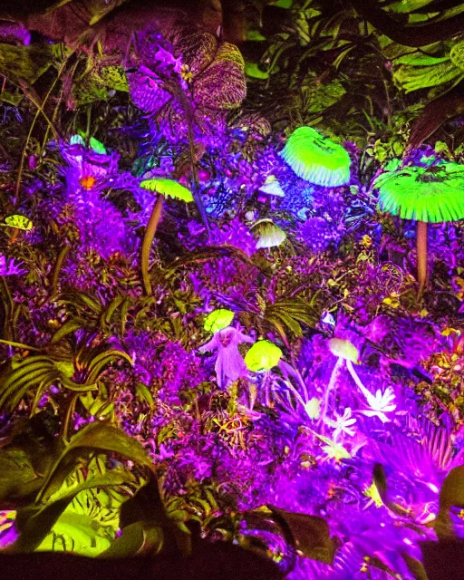 Prompt: uv - induced visible fluorescence in tropical pandora flowers and mushrooms blossom at night, dark background
