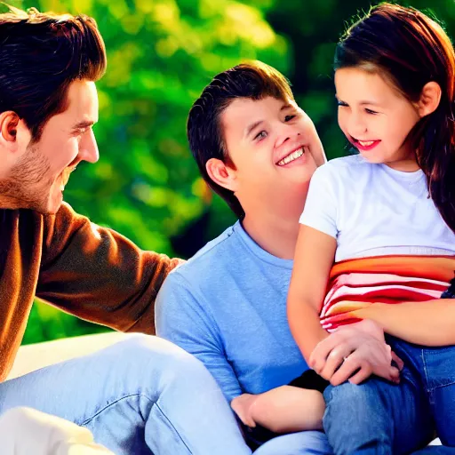 Prompt: a very handsome young family with a happy young boy, scene from a future world where nanotechnology is ubiquitous