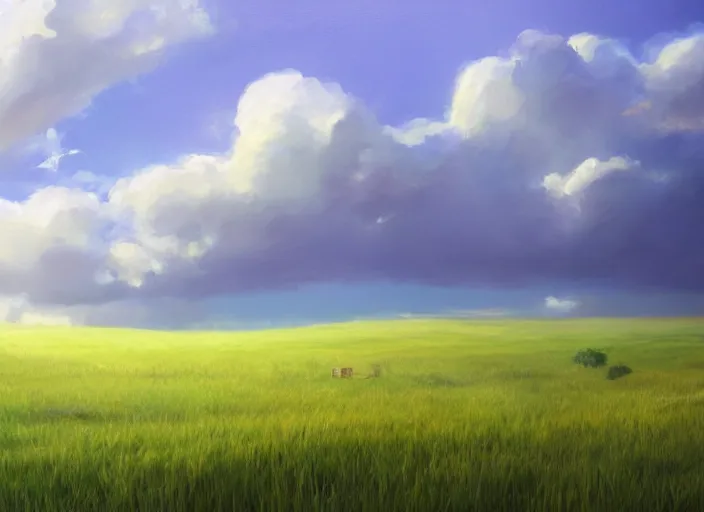 Prompt: a painting of a grassy field with clouds in the sky, a matte painting by makoto shinkai, featured on pixiv, color field, official art, windows xp, windows vista