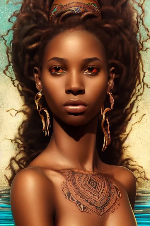 Image similar to body portrait of beautiful nubian ancestral tribal tattooed young pincess, underwater photography full body portrait of a young beautiful woman swimming low angle by terry o'neill intricate, elegant, highly detailed, digital painting, artstation, concept art, smooth, sharp focus, illustration, art by artgerm and greg rutkowski and alphonse mucha, 8 k