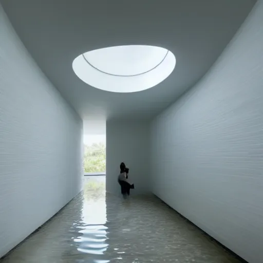 Image similar to a large room with minimalist architecture, partially flooded by blue green water, liminal space, made of all white ceramic tiles, surreal, curving hallways, rounded ceiling, stairs,