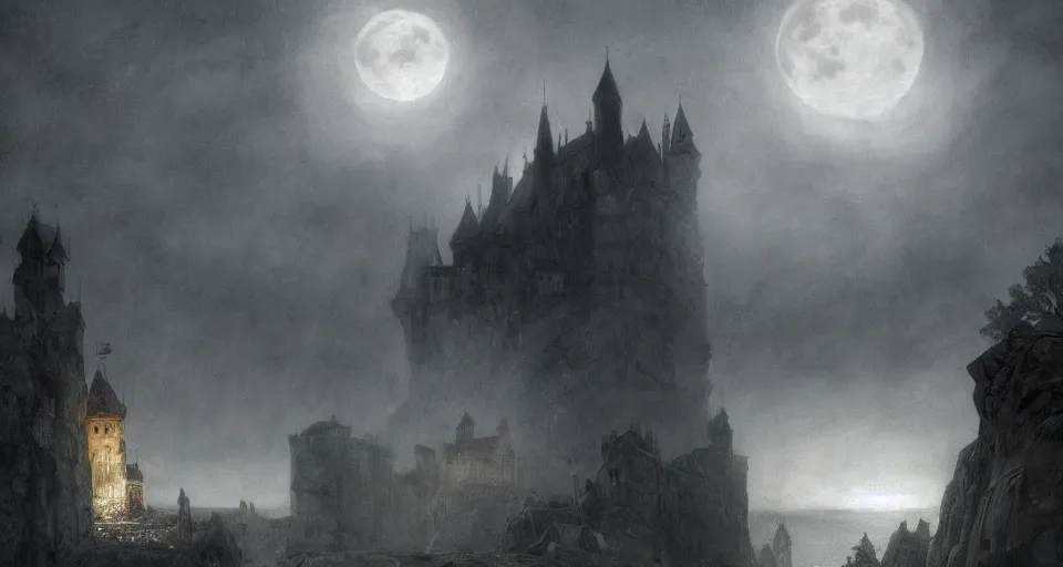 Prompt: an old castle rising up from the mist at night silhouetted by a huge moon, anders zorn, stephen hickman, brutalist, James Paick, Julian Falat, ultra realistic, trending on artstation, lava, dungeons and dragons, spooky, haunted, thomas kincade