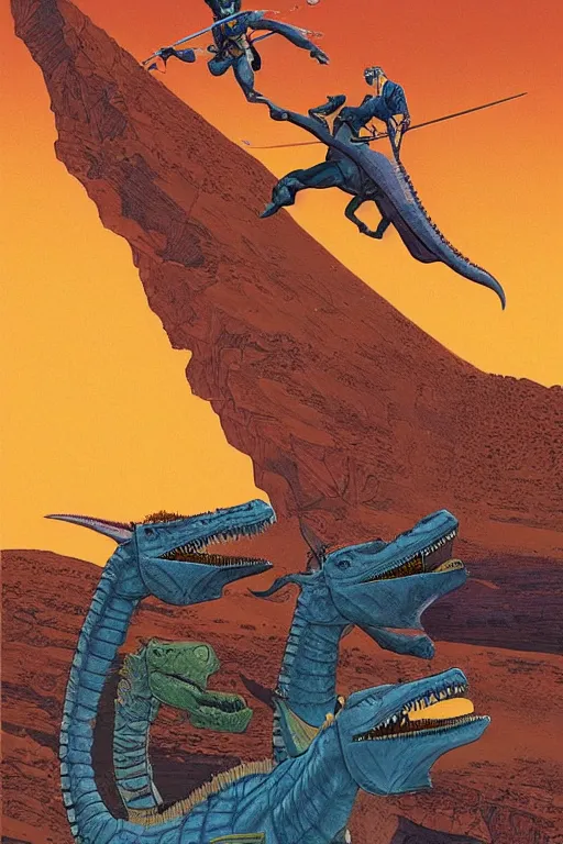 Image similar to beautiful amazons riding dinosaurs on mars against a backdrop of canyons, mercury rainbows in the sky and space fighters shooting, artwork by jean giraud