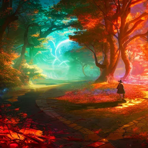 Image similar to twisted pathways magical cosmic path in the middle of a universe, anime inspired, hyper realistic, dramatic lighting, glowing leaves, 8k hdr pixiv dslr photo by Makoto Shinkai ilya kuvshinov and Wojtek Fus, digital art, concept art