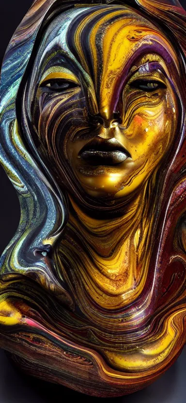 Prompt: epic, abstract sculpture of beautiful female face and black swirling marbling liquifying acrylic sculpture, clouds, golden hour, beautiful light, 3 d sculpture of carving marble, dark colors, dark mood, one point lightning