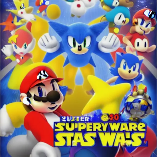 Image similar to super mario, kirby, sonic the hedgehog, super smash bros, star wars themed movie poster high detail accurate eyes and good gesture poses, pokemon anime cartoon style