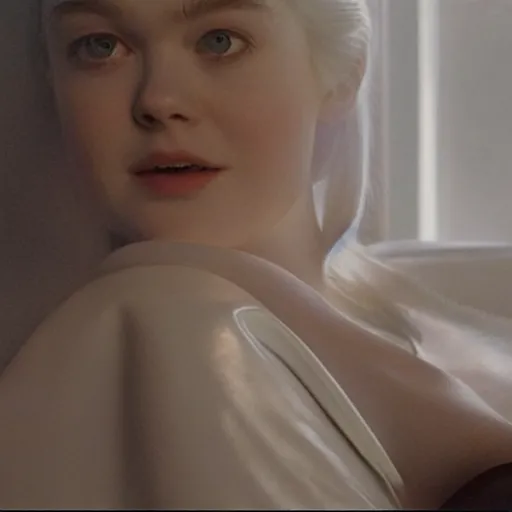 Image similar to Elle Fanning sitting on a white leather chair in the world of Samuel Adoquei, head and shoulders portrait, stormy weather, extremely detailed masterpiece, oil on canvas, low-key neon lighting, artstation, Blade Runner 2049, Roger Deakin’s cinematography, by J. C. Leyendecker and Peter Paul Rubens and Edward Hopper and Michael Sowa,