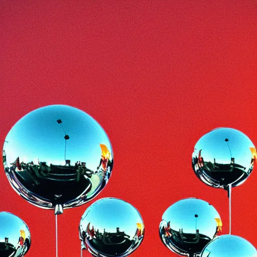 Prompt: chrome spheres on a red cube, cross processed