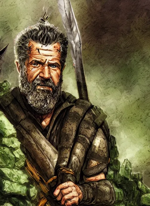 Image similar to A fantasy comic book style portrait painting of Mel Gibson as a survivalist warrior in a a post apocalyptic landscape in green mist, unreal 5, DAZ, hyperrealistic, octane render, RPG portrait, ambient light, dynamic lighting