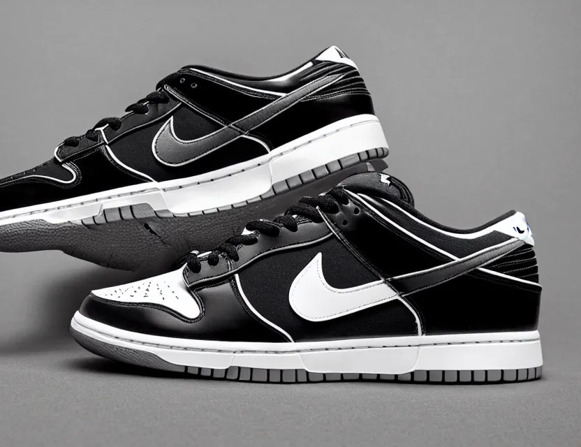 Prompt: a press photograph of nike dunk low black and white, size 1 0, white background