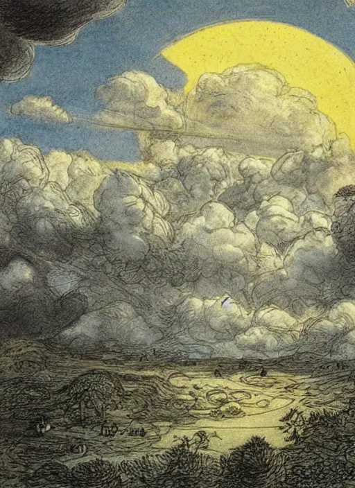 Image similar to day sky, sun prominently in the center, surrounded by clouds, landscape, illustrated by peggy fortnum and beatrix potter and sir john tenniel