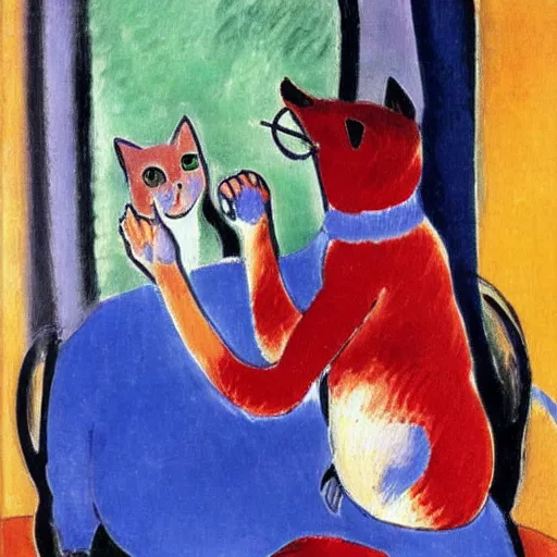 Image similar to An oil painting of a cat spitting on a man, colorful, by Henri Matisse