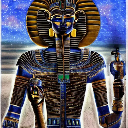 Image similar to the annunaki have returned to egypt wearing space suits that look like egyptian pharoah head - dresses and breathing hoses that look like elephant trunks - alien - looking, futuristic, detailed, photo - realism