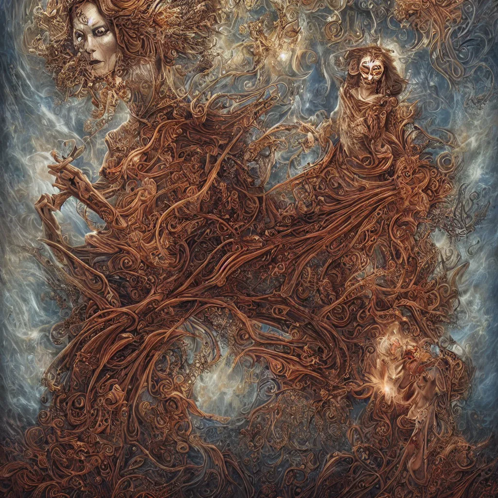 Image similar to A beautiful detailed orixa, tarot card, by tomasz alen kopera and Justin Gerard, symmetrical features, ominous, magical realism, texture, intricate, ornate, royally decorated, skull, skeleton, whirling smoke, embers, red adornements, red torn fabric, radiant colors, fantasy, trending on artstation, volumetric lighting, micro details, 3d sculpture, ray tracing, 8k, anaglyph effect