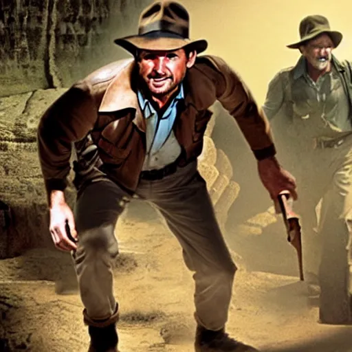 Image similar to indiana jones chased by a builder