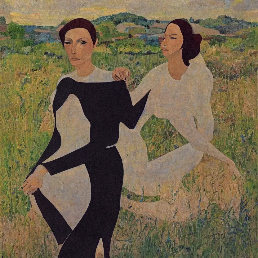 Image similar to a painted portrait of a women outdoorst, art by felice casorati, aesthetically pleasing and harmonious natural colors, expressionism, fine day, portrait