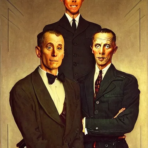 Image similar to portrait of a proud man flanked by two private soldiers. He has his hands on their shoulders. By Norman Rockwell and Gerald Brom