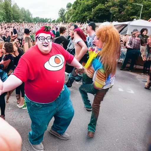 Prompt: photo of real life version of peter griffin dancing with hippies at woodstock