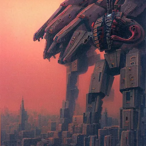 Prompt: a giant mecha evangelion defending the city, painted by zdzislaw beksinski