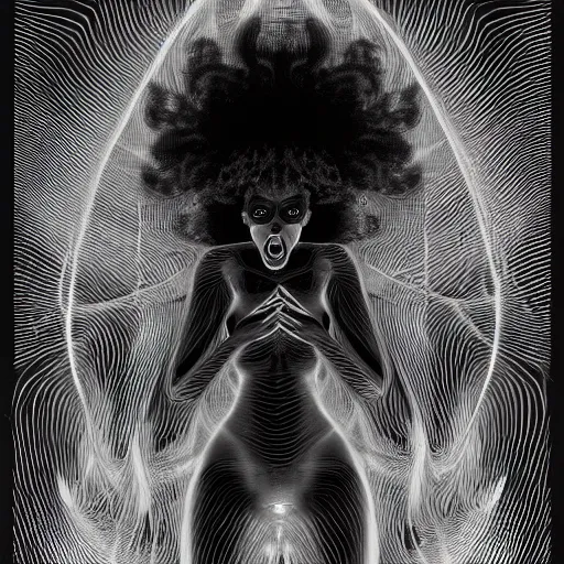 Image similar to x - ray portrait closeup of screaming black reflective glossy dark beautiful woman with hair made by snakes, sensual pose, symmetrical, glitches, by yoichi hatakenaka, masamune shirow, josan gonzales and dan mumford, ayami kojima, takato yamamoto, barclay shaw, karol bak, yukito kishiro, moebius