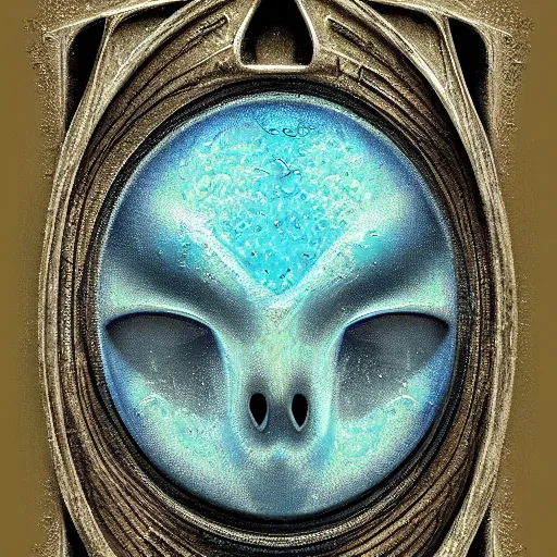 Image similar to a tarot card of an alien face made of water texture, highly detailed symbols as frames of the card
