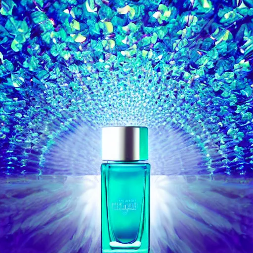 Image similar to centered bright perfume bottle standing in clear blue rippling water surrounded by a plethora of mint leaves and roses, with white crisp zen mountain background, illumination lighting, sharp focus, surreal photography, vogue, hartper's bazaar, sephora,