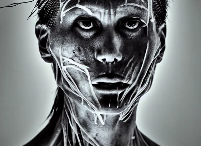 Image similar to mid shot portrait of samurai with invisible skin, visible bones and muscle and veins and nerves and internal organs, in the style of david cronenberg, high fashion, id magazine, realistic, sharp focus, 8 k high definition, film photography, photo realistic, insanely detailed, by david kostic and stanley lau and artgerm