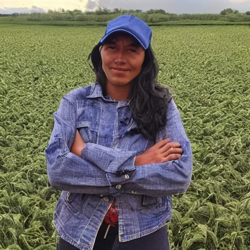 Image similar to portrait, a hardworking female farmer, ragged clothes, standing in a field