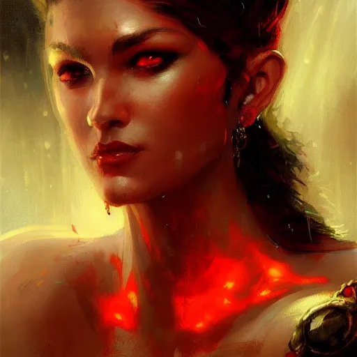 Image similar to attractive demon queen with red eyes painting by gaston bussiere, luis rollo, craig mullins, close - up portrait, digital painting, highly detailed, artstation, sharp focus, illustration, concept art, full hd