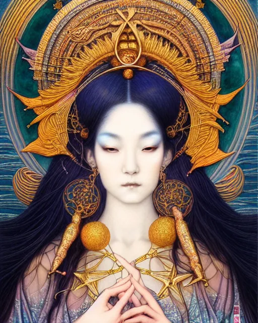 Image similar to portrait of a beautiful celestial goddess, unusual beauty, esoteric, muted colors, head in focus, fantasy art, ornamental aesthetics intricate, elegant, highly detailed, hyperrealistic painting, artstation, concept art, painterly, sharp focus, illustration, art by chie yoshii