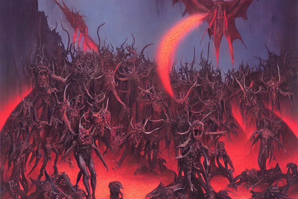 Image similar to satans fall from paradise into hell by mark riddict, james ryman, wayne barlowe.