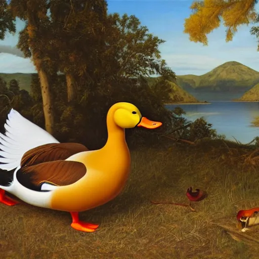 Prompt: a duck on the prowl oil painting kent monkman