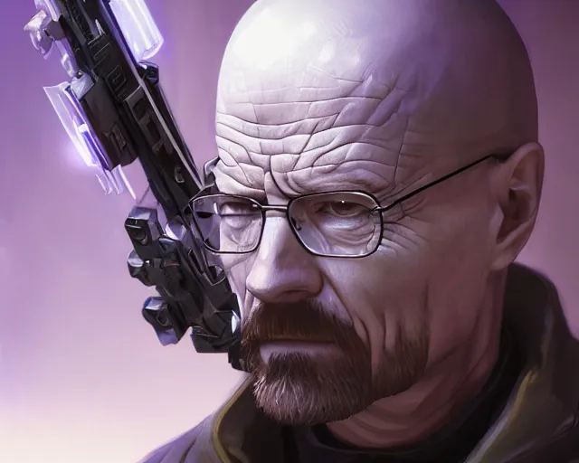 Prompt: walter white with cyberpunk implants, deep focus, d & d, fantasy, intricate, elegant, highly detailed, digital painting, artstation, concept art, matte, sharp focus, illustration, hearthstone, art by artgerm and greg rutkowski and alphonse mucha