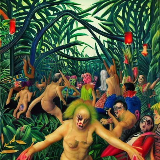 Prompt: a psychopath partying at a rave, bizarre, insane, chaotic, vibrant, hyper detailed, artgerm, in the style of henri rousseau