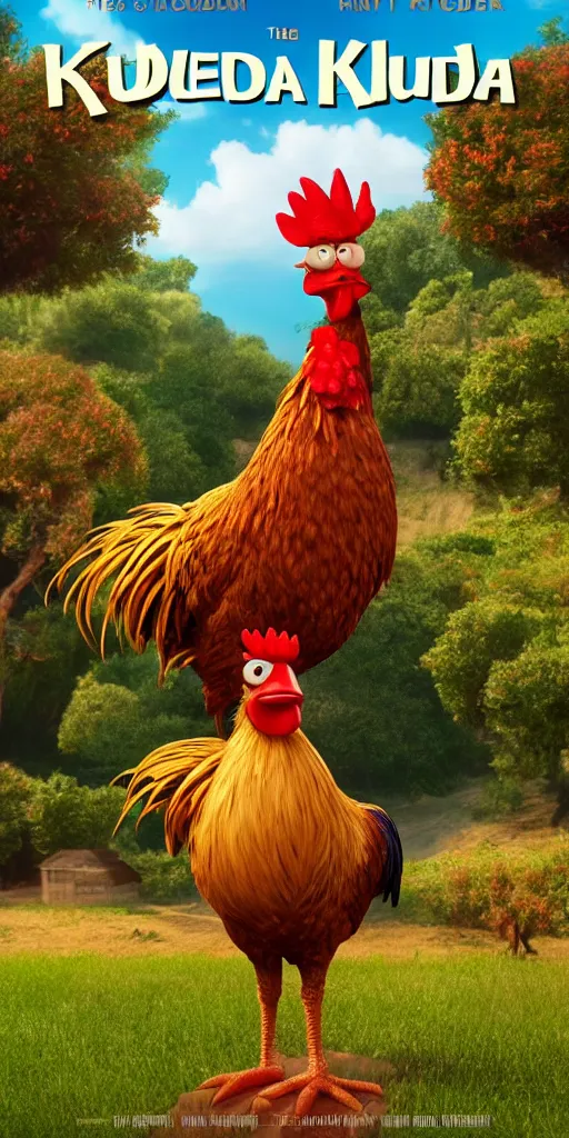 Prompt: the movie kudah about a rooster, Pixar movie poster with the word KUDAH, 3D, 8K, 2000s computer animation